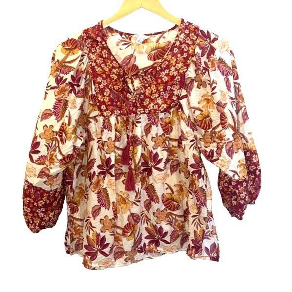 Cato Est. 1946 Womens Tropical Print Boho 3/4 Sleeve Tie Neck Blouse Multicolor